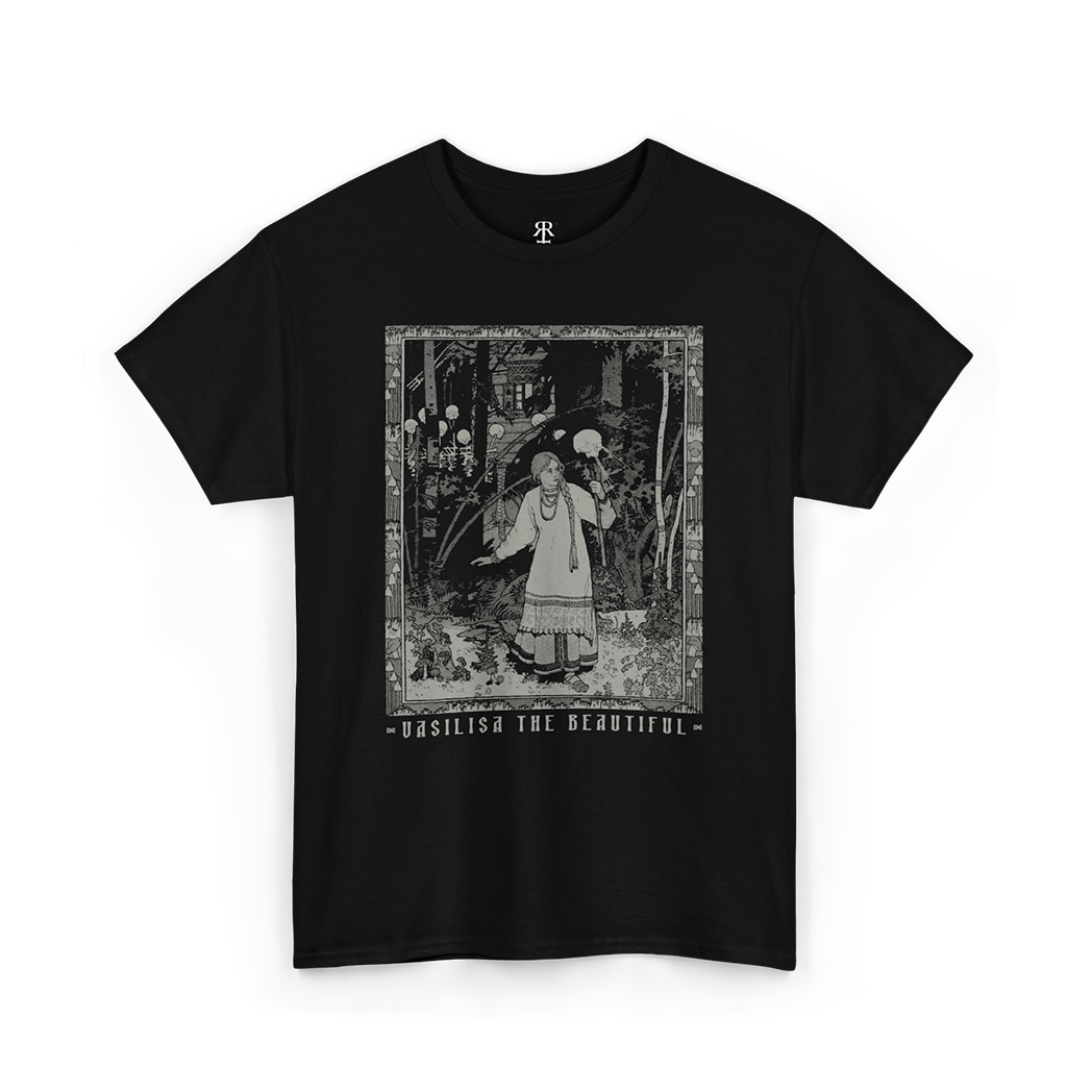 Black t-shirt with a graphic print of a character resembling Vasilisa the Beautiful from Russian folklore, standing in a woods setting with text that reads 'Vasilisa the Beautiful'.