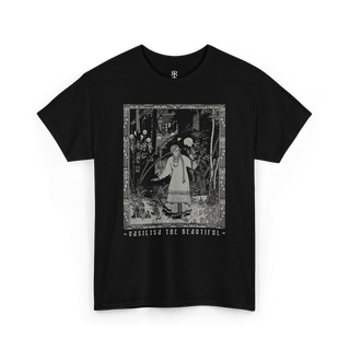 Black t-shirt with a graphic print of a character resembling Vasilisa the Beautiful from Russian folklore, standing in a woods setting with text that reads 'Vasilisa the Beautiful'.