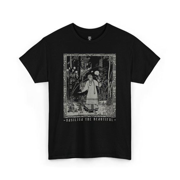 Black t-shirt with a graphic print of a character resembling Vasilisa the Beautiful from Russian folklore, standing in a woods setting with text that reads 'Vasilisa the Beautiful'.