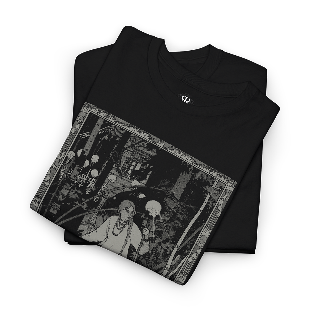 Black t-shirt with a graphic print of a character resembling Vasilisa the Beautiful from Russian folklore, standing in a woods setting with text that reads 'Vasilisa the Beautiful'.