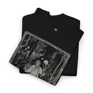 Black t-shirt with a graphic print of a character resembling Vasilisa the Beautiful from Russian folklore, standing in a woods setting with text that reads 'Vasilisa the Beautiful'.