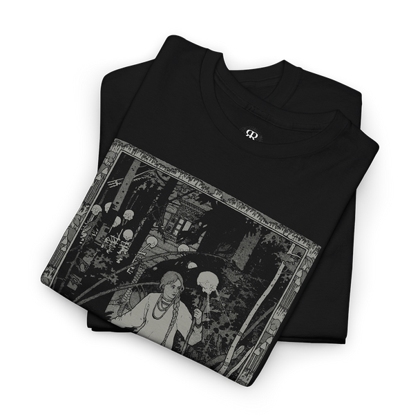 Black t-shirt with a graphic print of a character resembling Vasilisa the Beautiful from Russian folklore, standing in a woods setting with text that reads 'Vasilisa the Beautiful'.