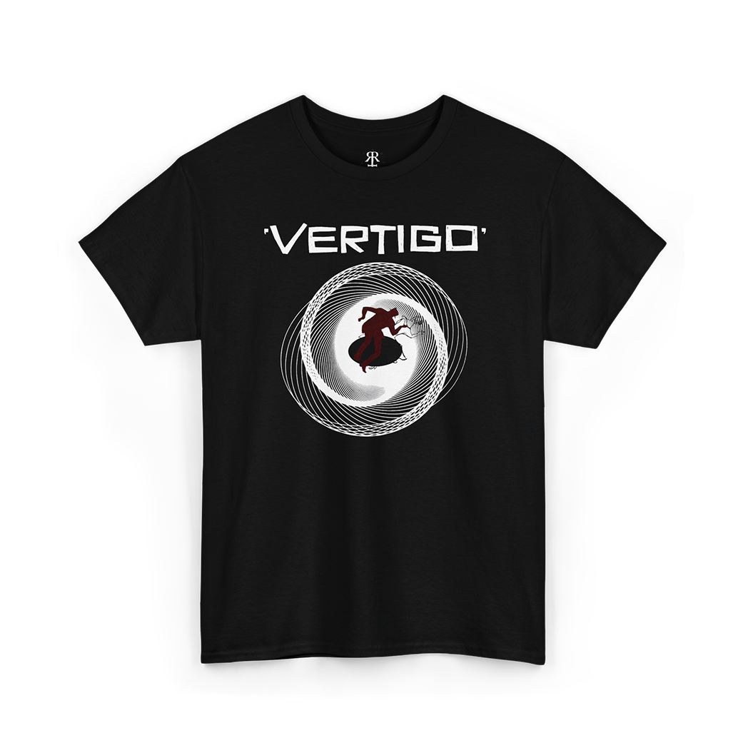Black t-shirt featuring artwork for movie Vertigo (1958).