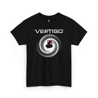 Black t-shirt featuring artwork for movie Vertigo (1958).