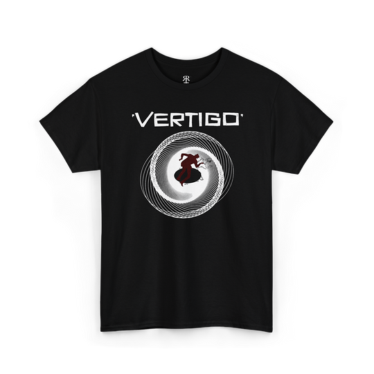 Black t-shirt featuring artwork for movie Vertigo (1958).