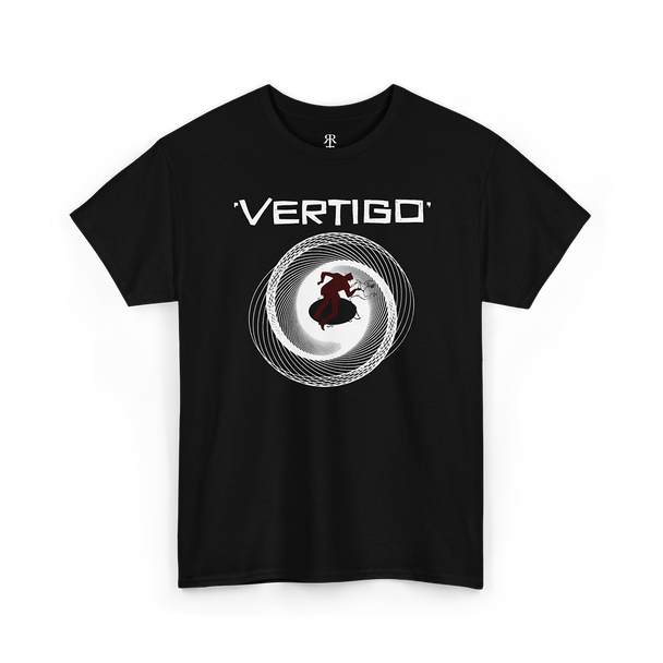 Black t-shirt featuring artwork for movie Vertigo (1958).