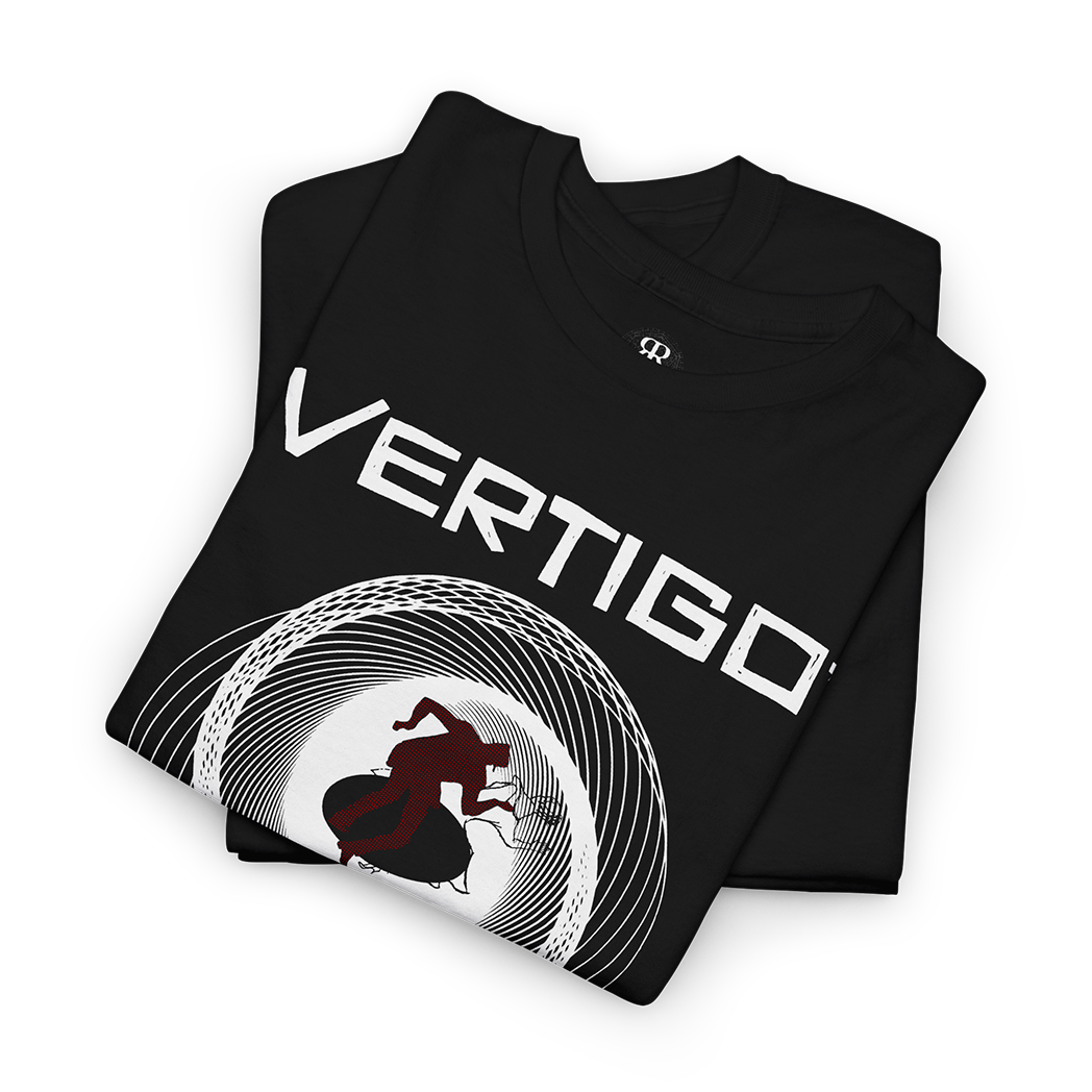 Black t-shirt featuring artwork for movie Vertigo (1958).