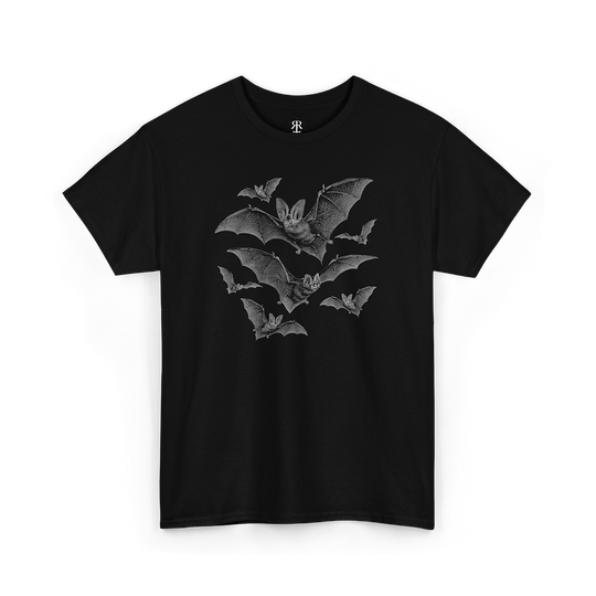 A black t-shirt with a graphic print of bats in the center.