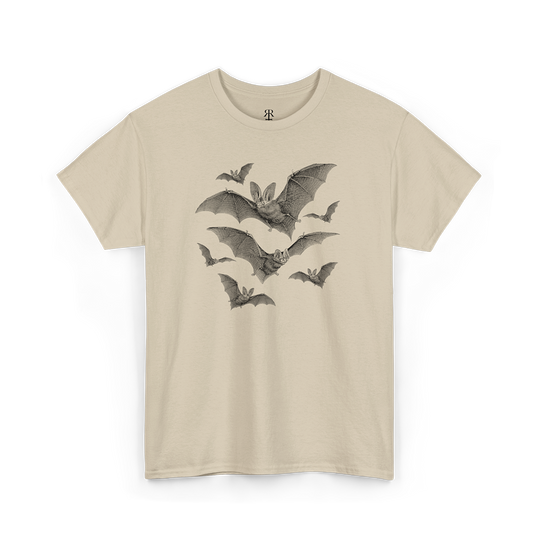 A beige t-shirt with a graphic print of bats in the center.