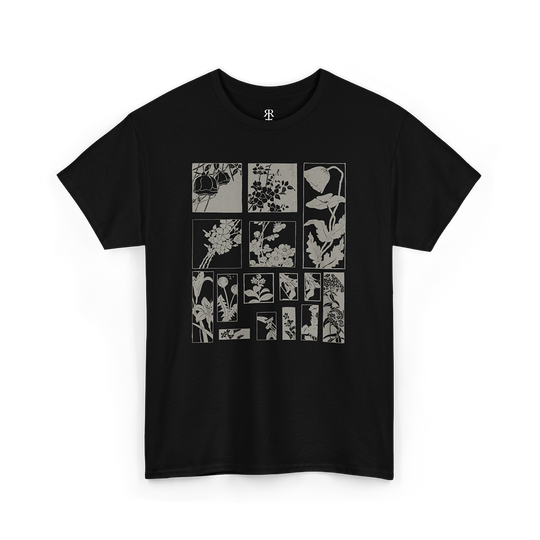 This t-shirt features a vintage botanical collage, arranged in a grid of 15 monochromatic panels, each showcasing intricately detailed illustrations of various flowers.