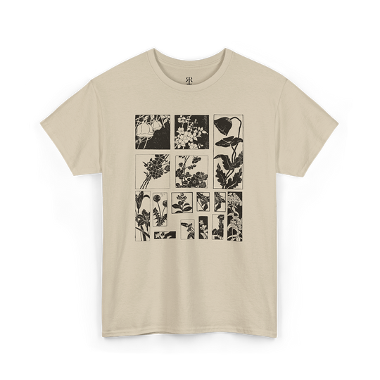This t-shirt features a vintage botanical collage, arranged in a grid of 15 monochromatic panels, each showcasing intricately detailed illustrations of various flowers.