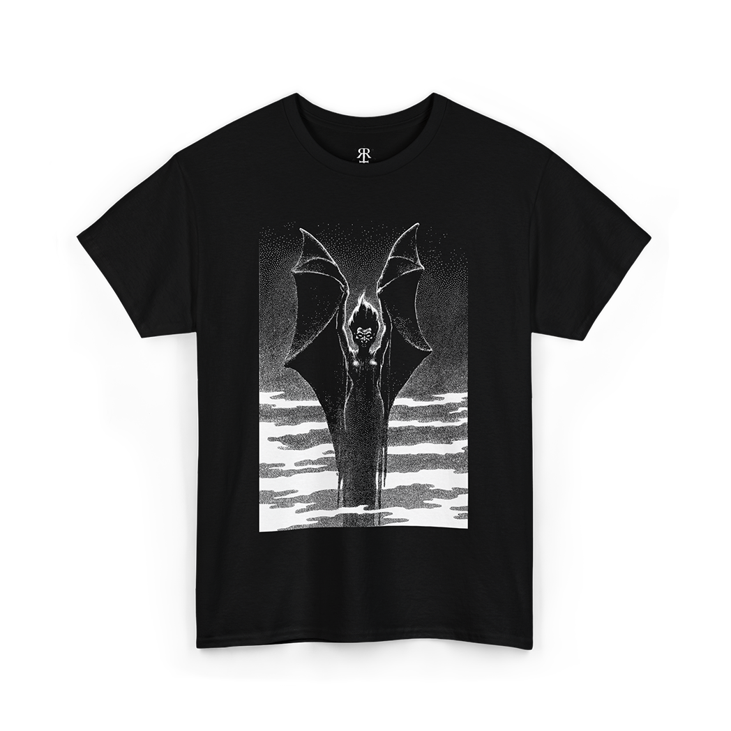 Black t-shirt with a graphic design of a bat-like creature