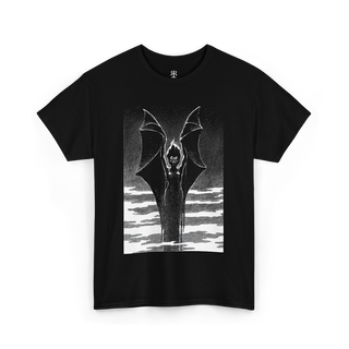 Black t-shirt with a graphic design of a bat-like creature