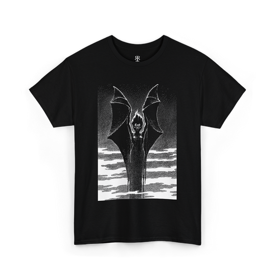 Black t-shirt with a graphic design of a bat-like creature