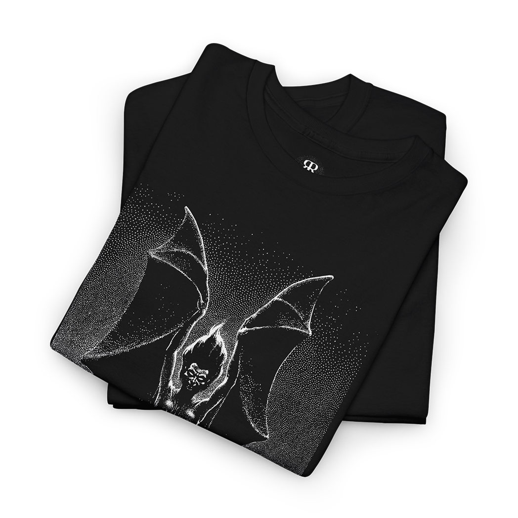 Black t-shirt with a graphic design of a bat-like creature