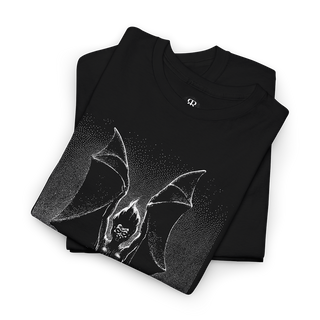 Black t-shirt with a graphic design of a bat-like creature