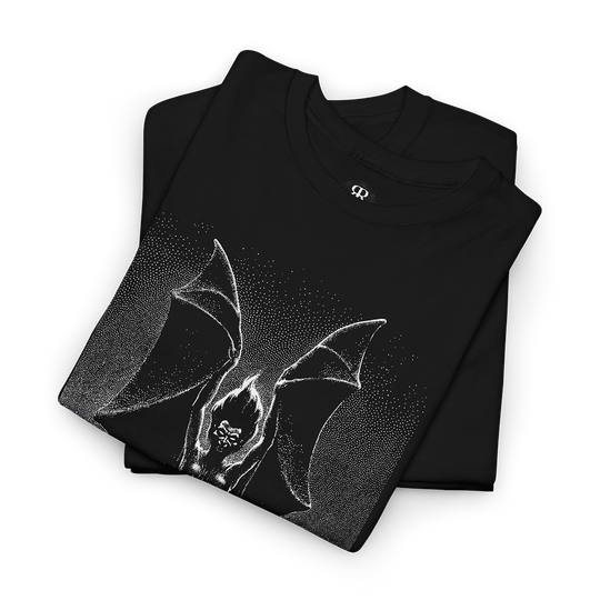 Black t-shirt with a graphic design of a bat-like creature