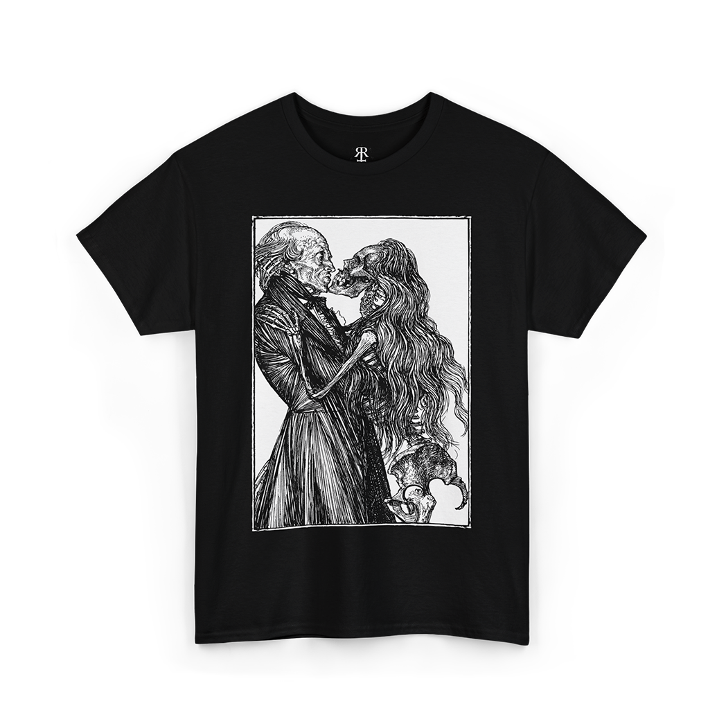 A black crew neck t-shirt with a graphic print of a romantic scene between a man and a dead woman.
