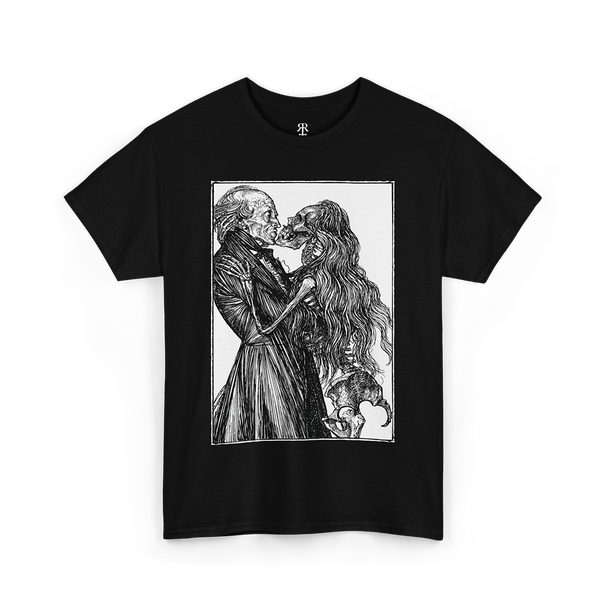 A black crew neck t-shirt with a graphic print of a romantic scene between a man and a dead woman.