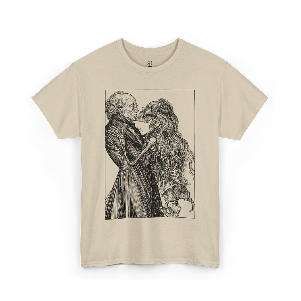 A beige crew neck t-shirt with a graphic print of a romantic scene between a man and a dead woman.