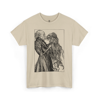 A beige crew neck t-shirt with a graphic print of a romantic scene between a man and a dead woman.