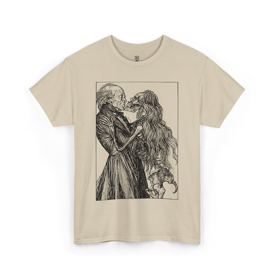 A beige crew neck t-shirt with a graphic print of a romantic scene between a man and a dead woman.