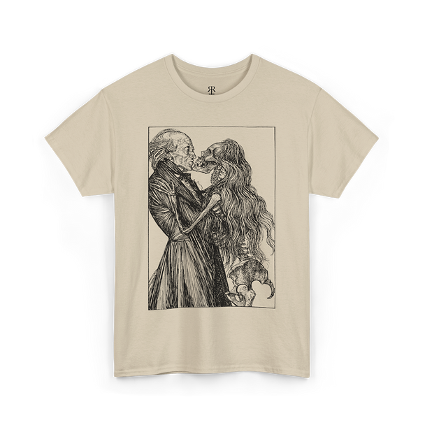 A beige crew neck t-shirt with a graphic print of a romantic scene between a man and a dead woman.