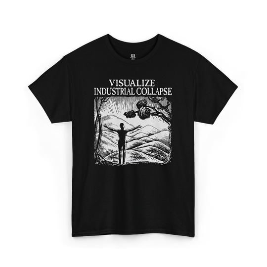 Visualize Industrial Collapse T-shirt showing a man standing in the wilderness with hands raised