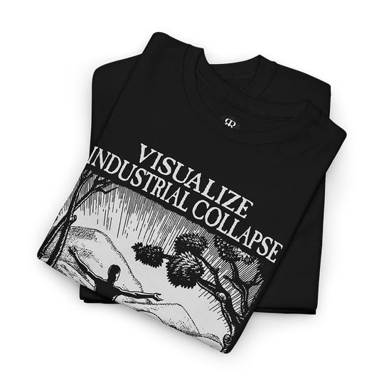 Visualize Industrial Collapse T-shirt showing a man standing in the wilderness with hands raised