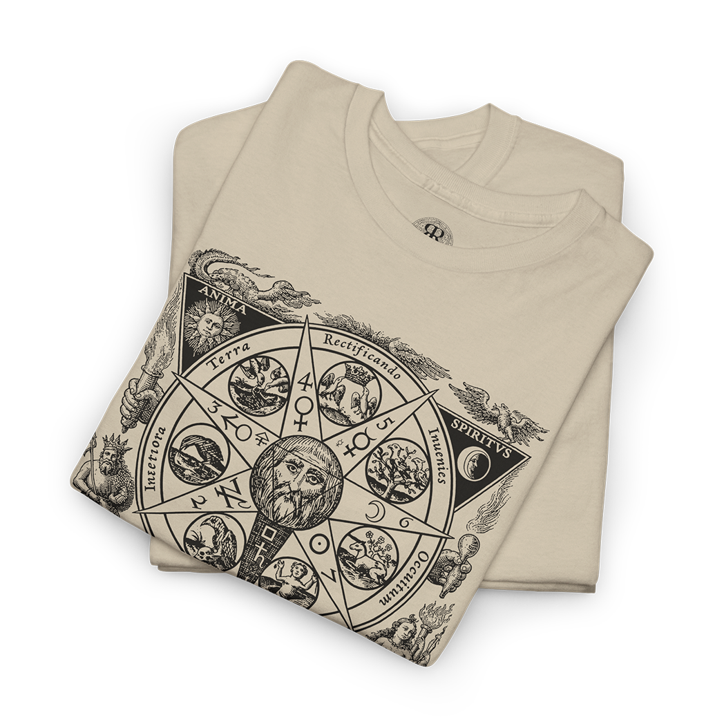 A folded beige t-shirt with a black occult-style astrological wheel graphic on the front, displayed on a clean white background.