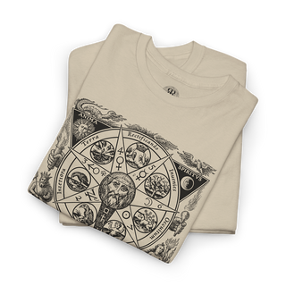A folded beige t-shirt with a black occult-style astrological wheel graphic on the front, displayed on a clean white background.