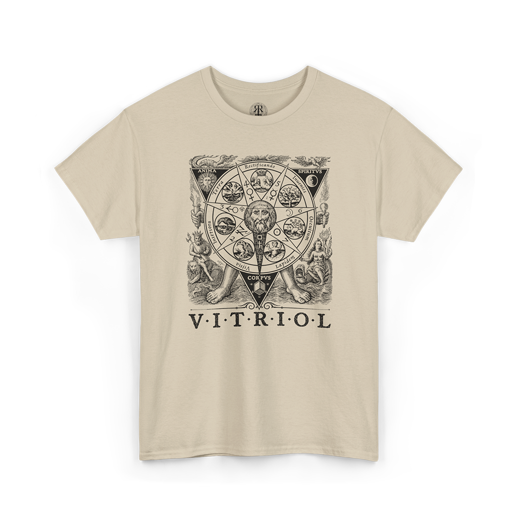 A beige short-sleeve crewneck t-shirt featuring a detailed black and white gothic astrological graphic on the chest with the word 'VITRIOL' printed below, displayed on a clean white background.
