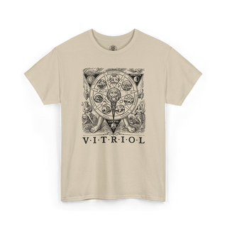A beige short-sleeve crewneck t-shirt featuring a detailed black and white gothic astrological graphic on the chest with the word 'VITRIOL' printed below, displayed on a clean white background.