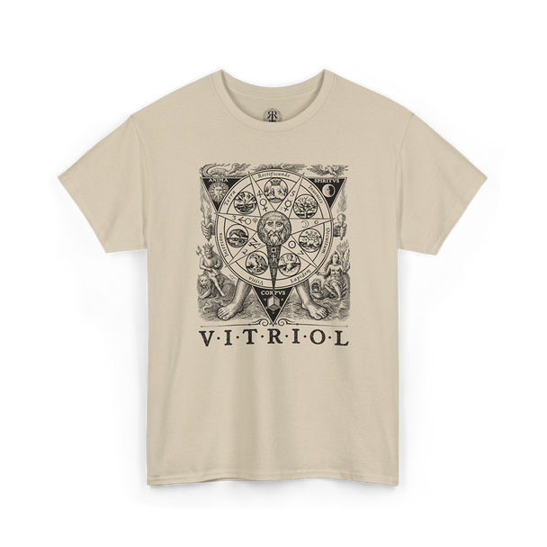 A beige short-sleeve crewneck t-shirt featuring a detailed black and white gothic astrological graphic on the chest with the word 'VITRIOL' printed below, displayed on a clean white background.