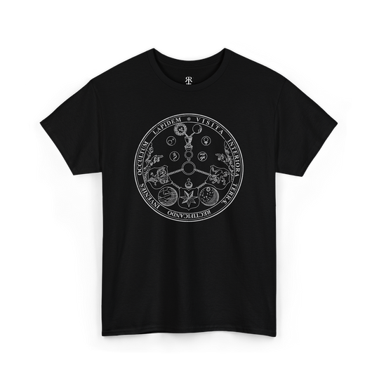 Black t-shirt, grey print of alchemical symbol vitriol