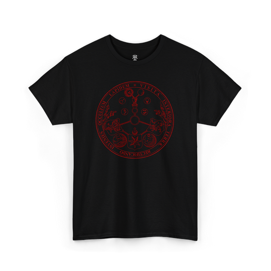 Black t-shirt, red print of alchemical symbol vitriol