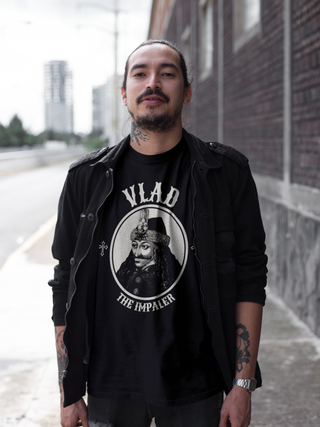 Man wearing shirt showing portrait of Vlad the Impaler