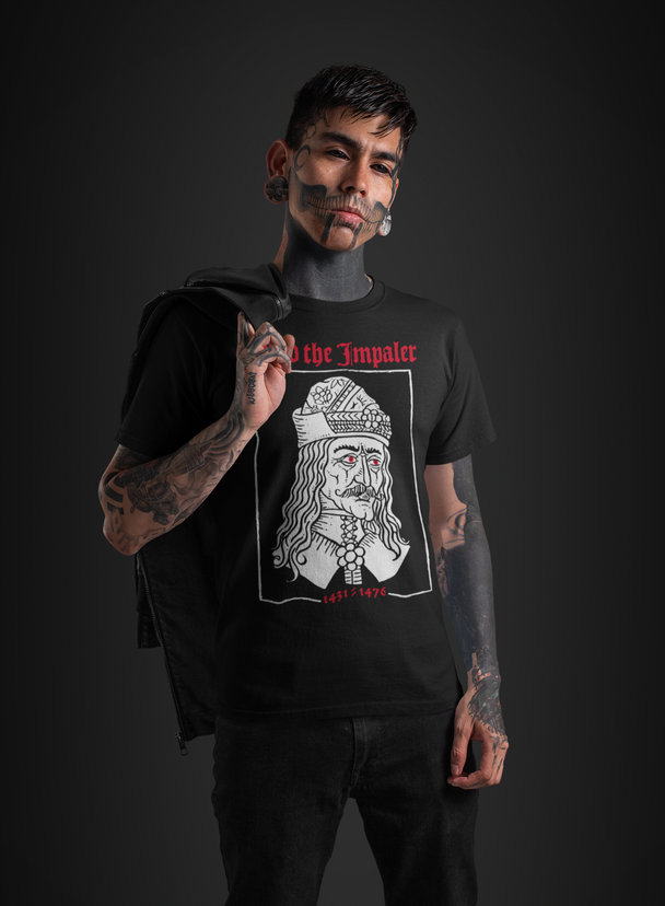 Tattooed man wearig black crew t-shirt of Vlad the Impaler