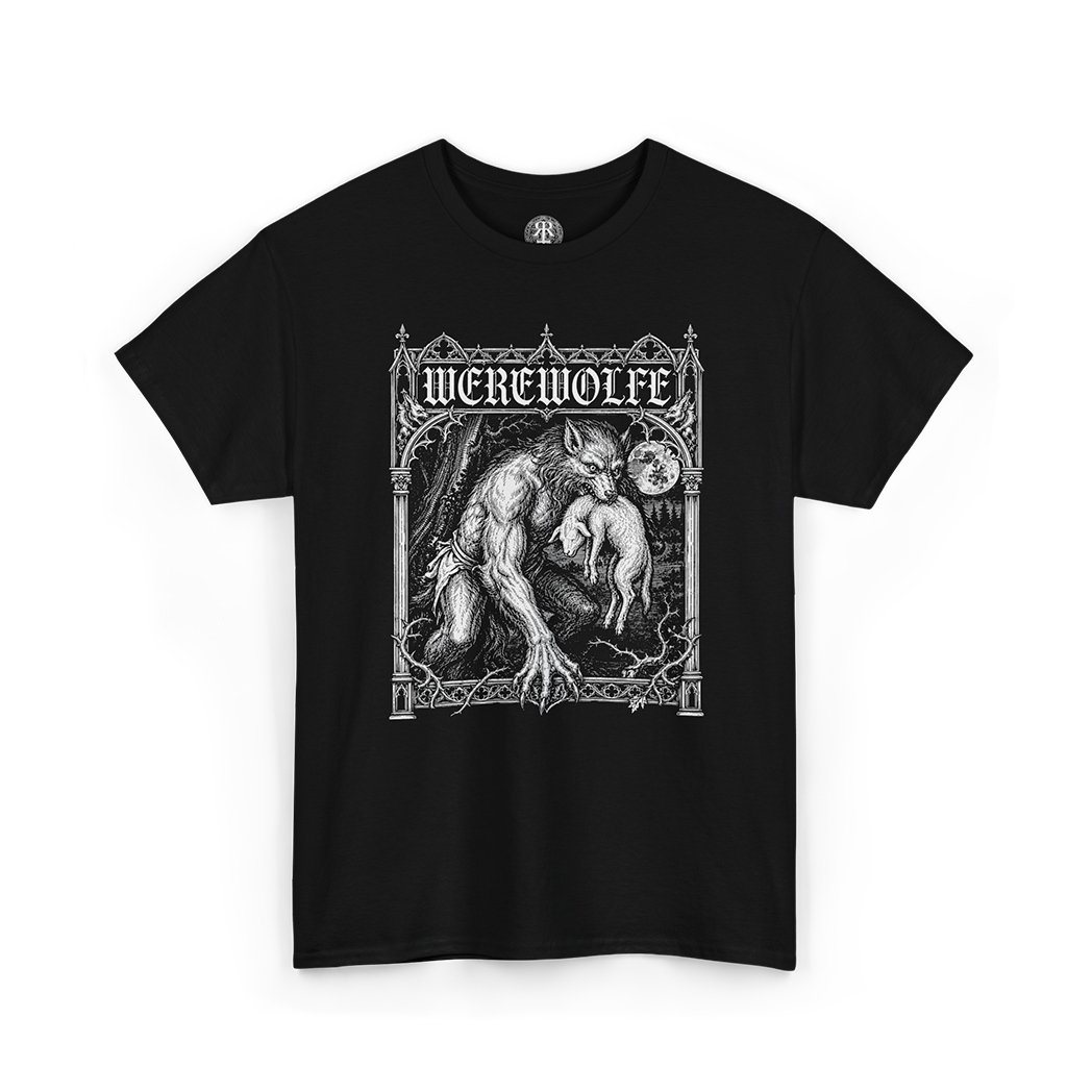 Black t-shirt with a graphic design of a werewolf and the word 'WEREWOLFE'