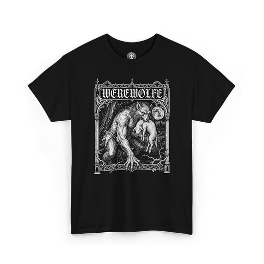 Black t-shirt with a graphic design of a werewolf and the word 'WEREWOLFE'