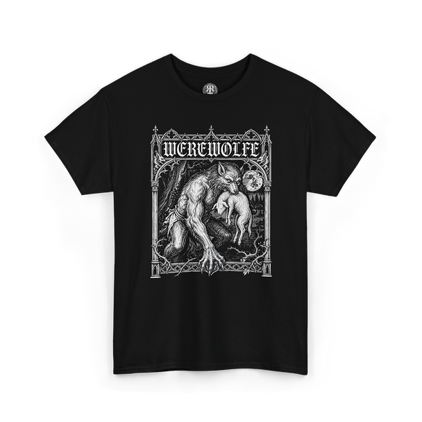Black t-shirt with a graphic design of a werewolf and the word 'WEREWOLFE'