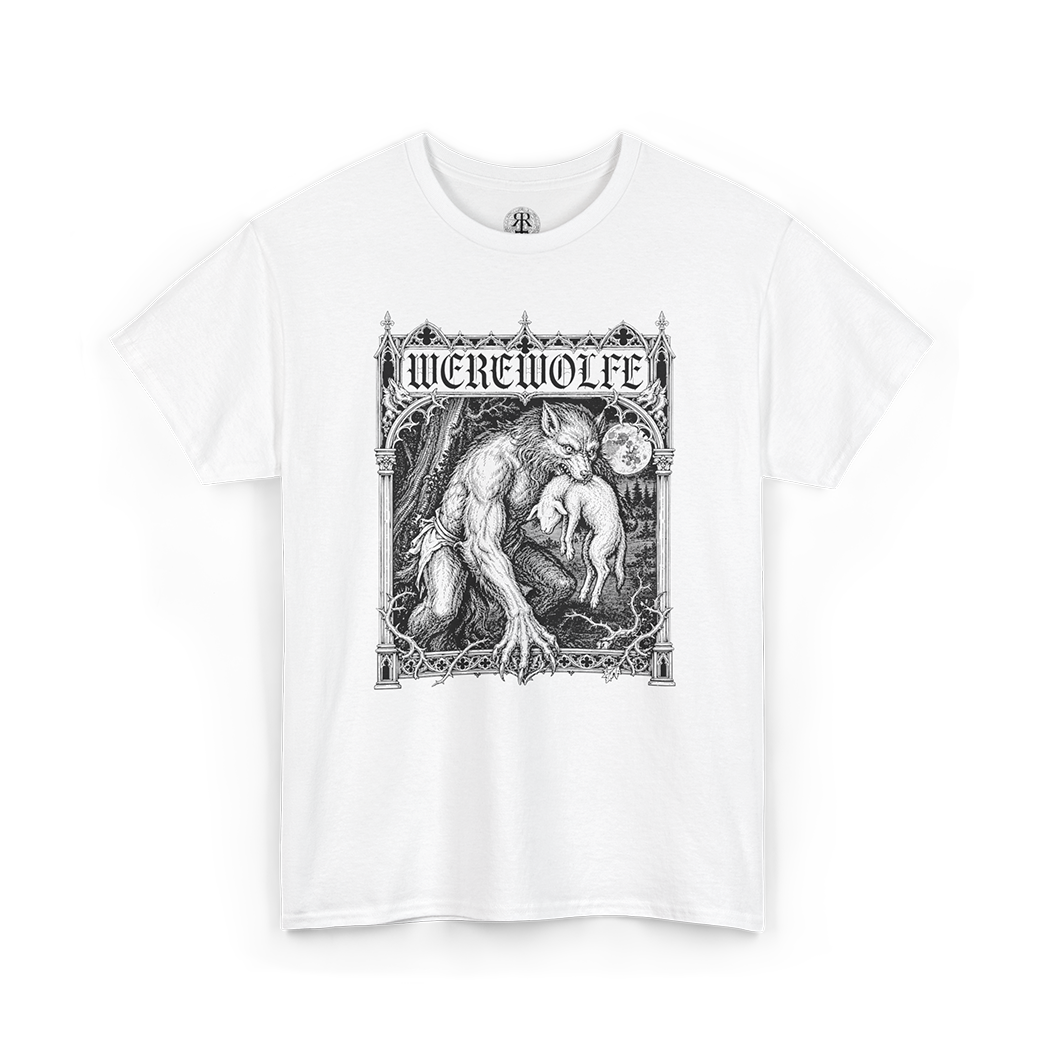 White t-shirt with black 'WEREWOLFE' graphic design