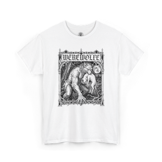 White t-shirt with black 'WEREWOLFE' graphic design