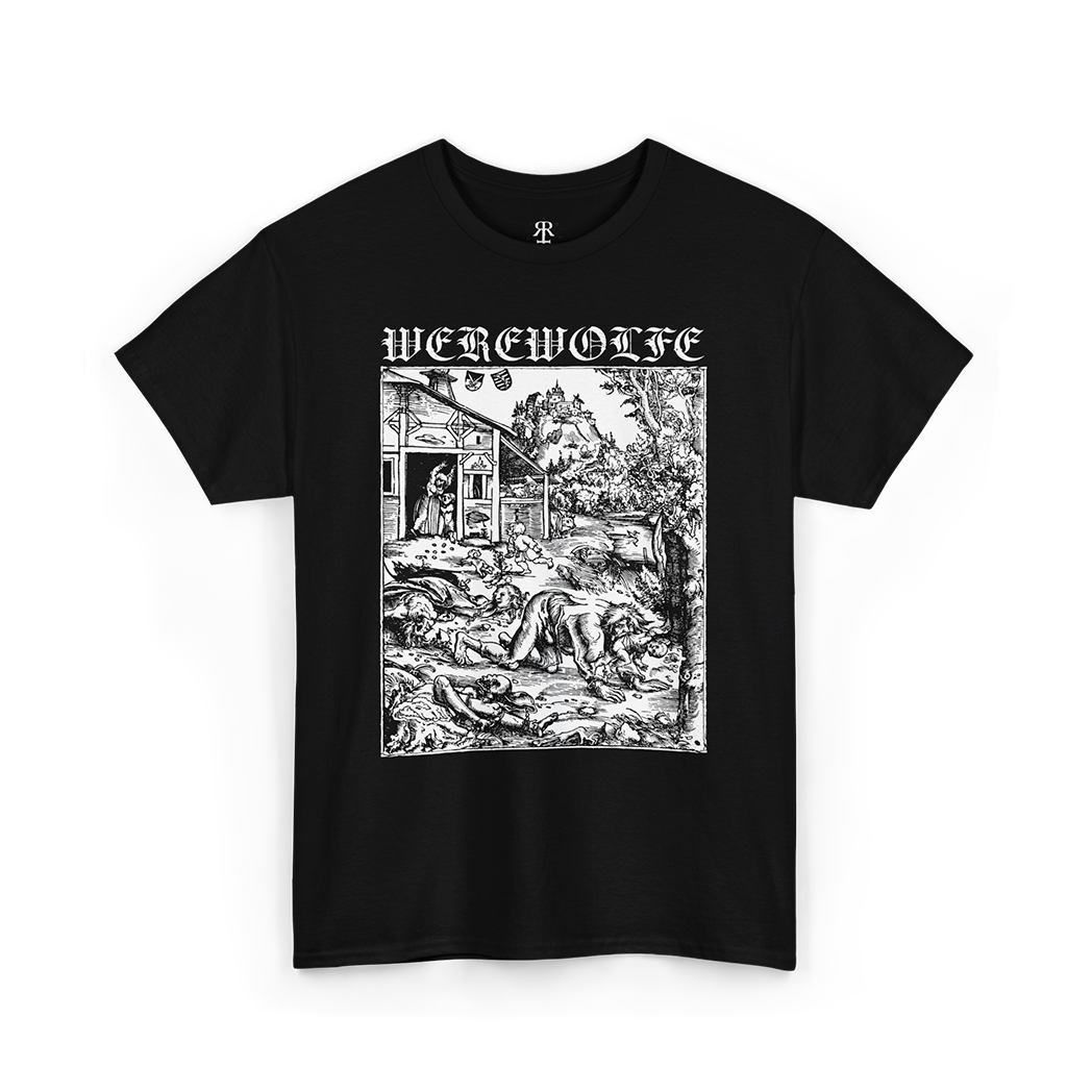 Black T-shirt with a monochrome graphic print depicting a werewolf and the text 'WEREWOLFE' at the top.