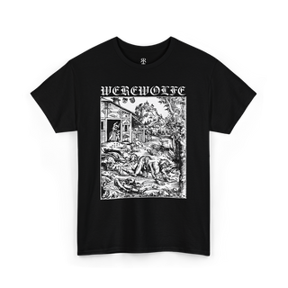 Black T-shirt with a monochrome graphic print depicting a werewolf and the text 'WEREWOLFE' at the top.