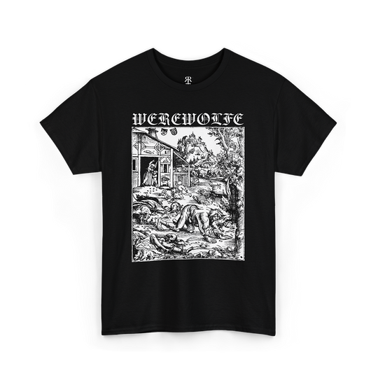 Black T-shirt with a monochrome graphic print depicting a werewolf and the text 'WEREWOLFE' at the top.