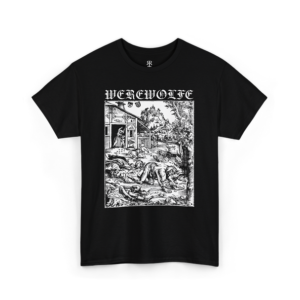 Black T-shirt with a monochrome graphic print depicting a werewolf and the text 'WEREWOLFE' at the top.