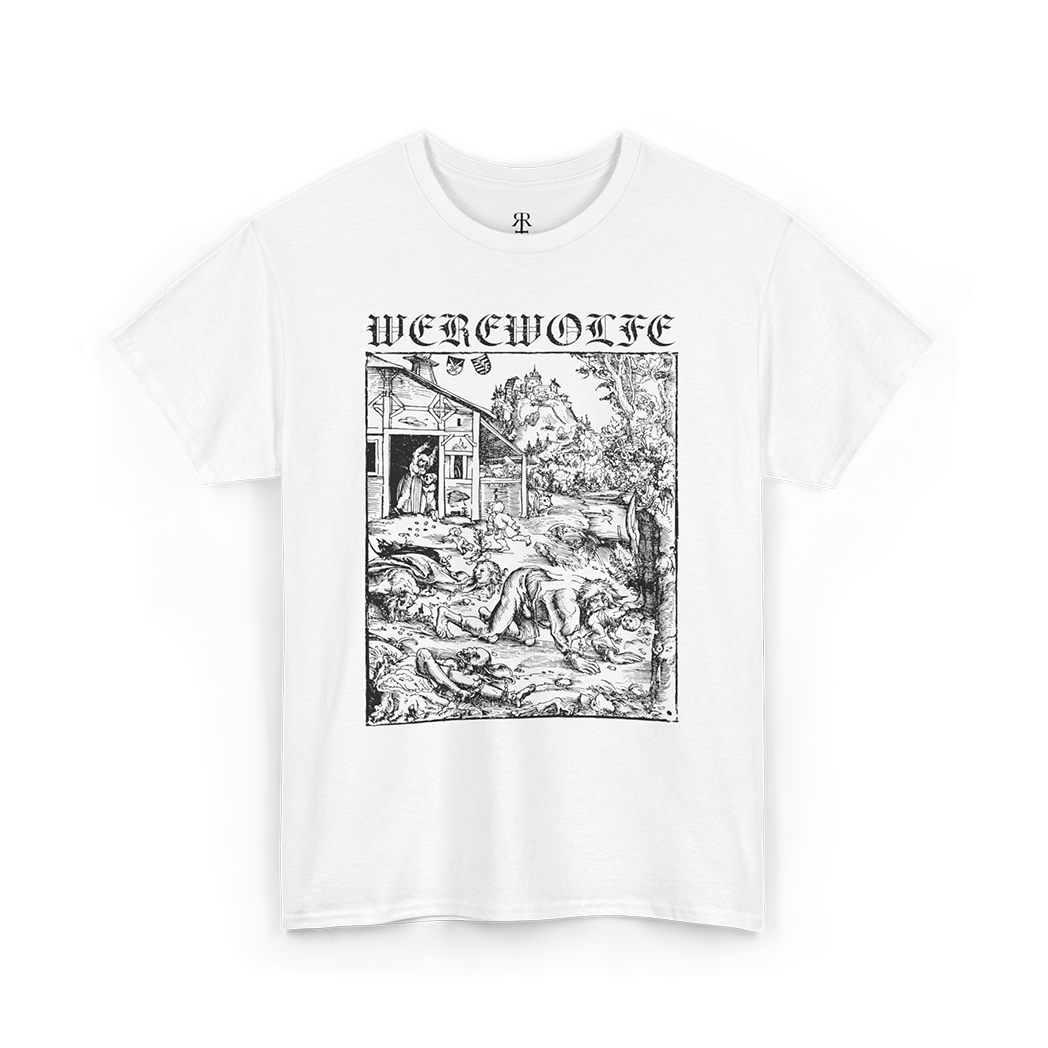 White T-shirt with a monochrome graphic print depicting a werewolf and the text 'WEREWOLFE' at the top.