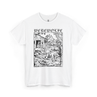 White T-shirt with a monochrome graphic print depicting a werewolf and the text 'WEREWOLFE' at the top.