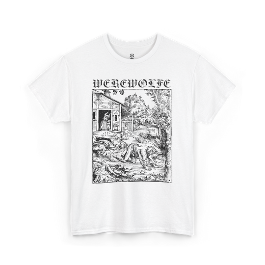White T-shirt with a monochrome graphic print depicting a werewolf and the text 'WEREWOLFE' at the top.